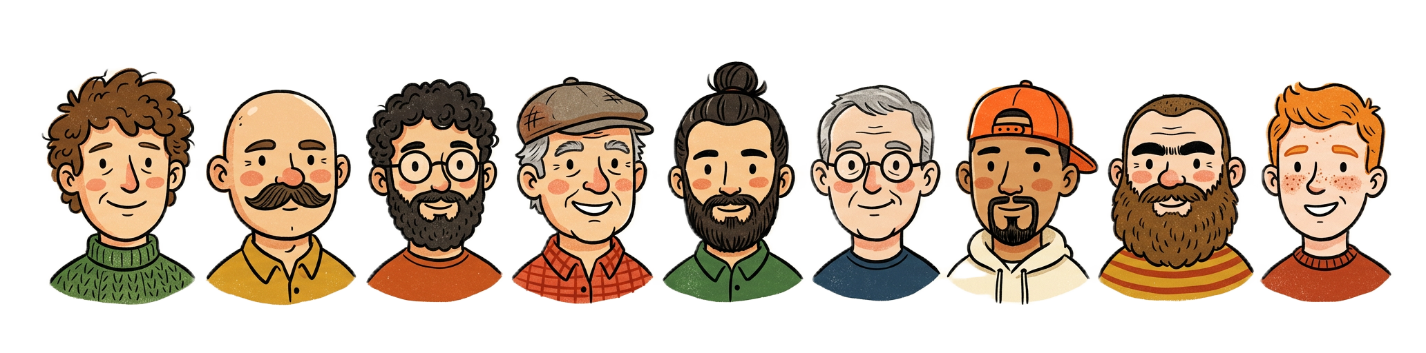 A row of cartoon dads of all sorts, different ages, hair, hats and beards